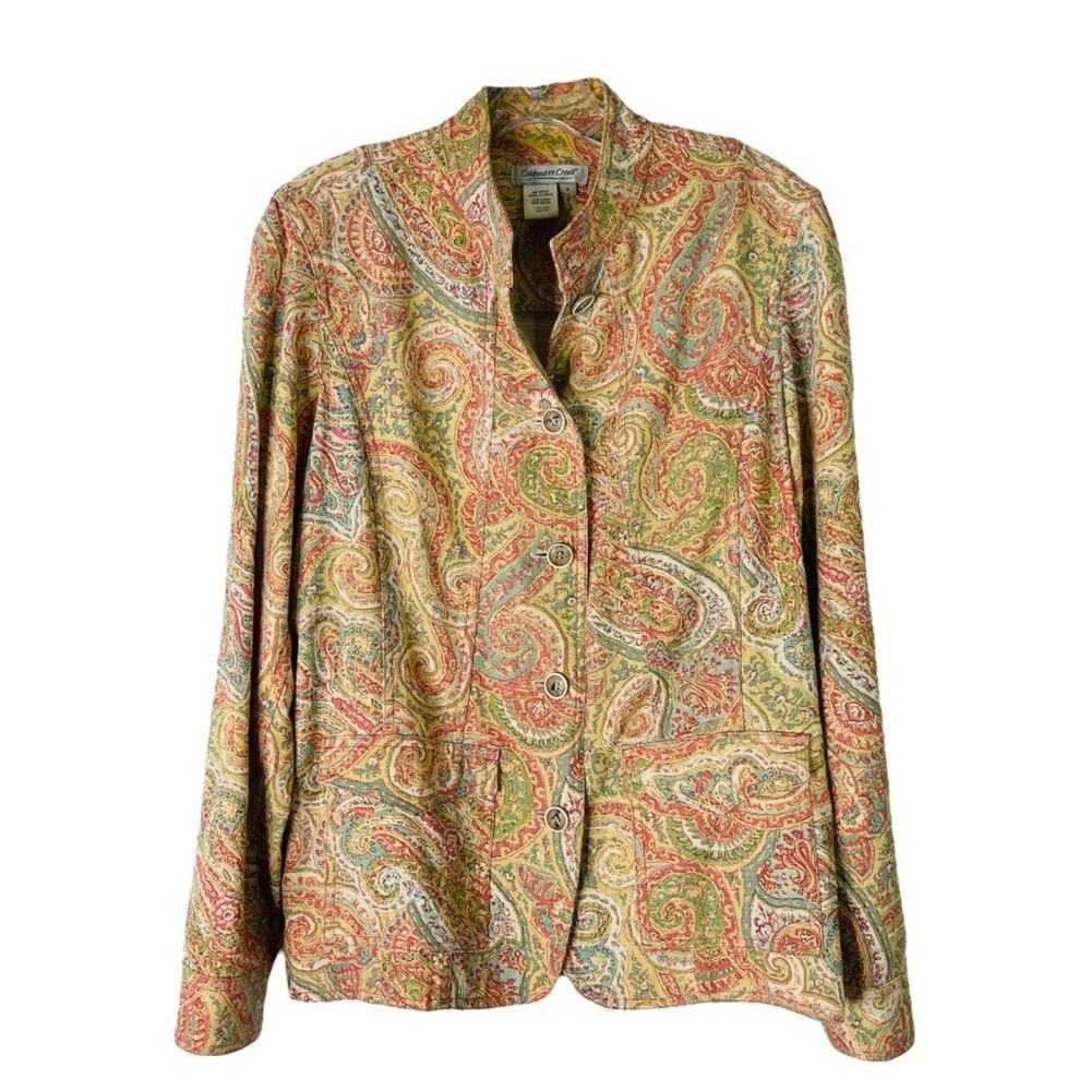 Vintage yellow pink blue linen paisley button boho coastal cottagecore jacket 8